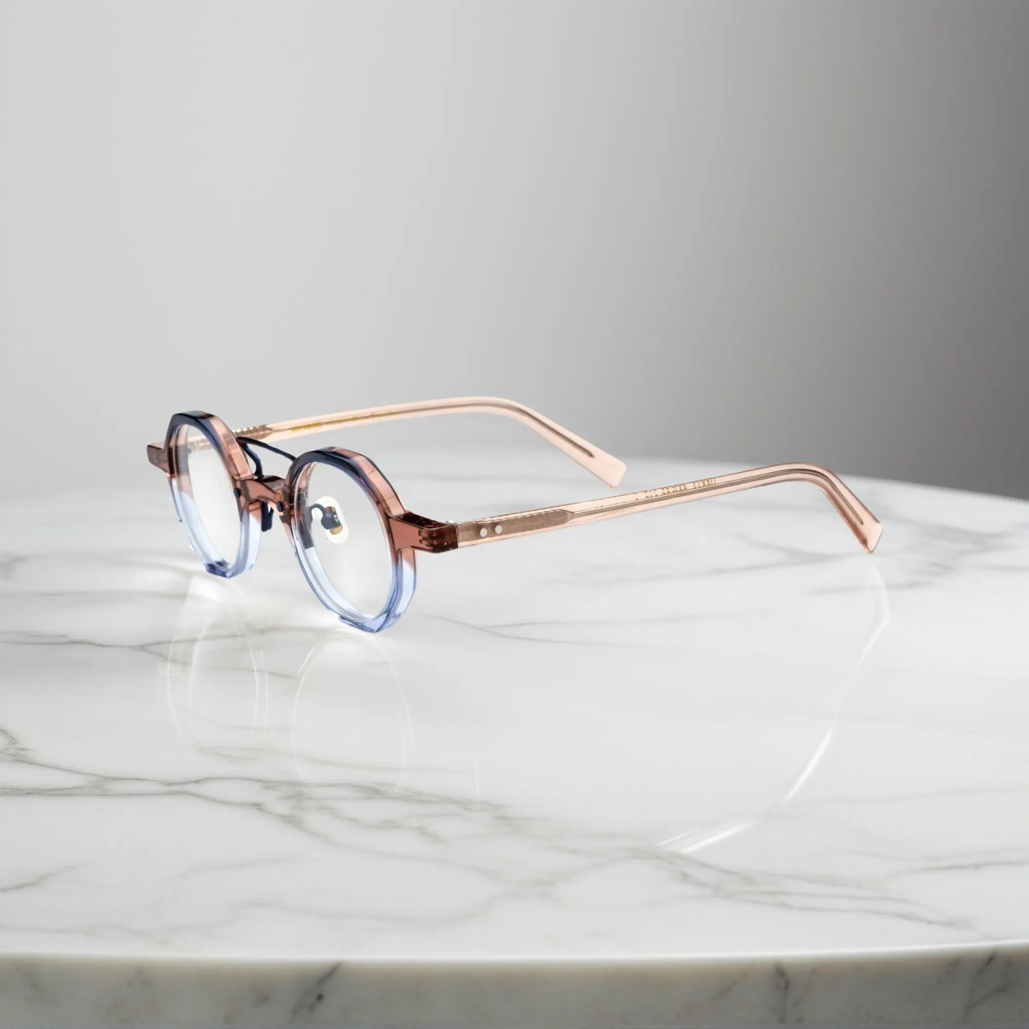 Side view highlighting durable acetate frame of VoyueLens™ VL19244 small face eyeglasses in Mocha Blue Blend